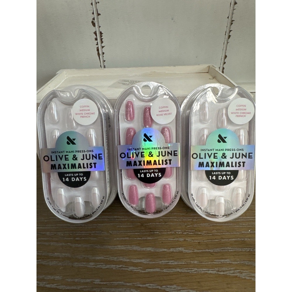 Olive & June Press On Nails Bundle 3 Pack Maximalist White Chrome & Rose Velvet